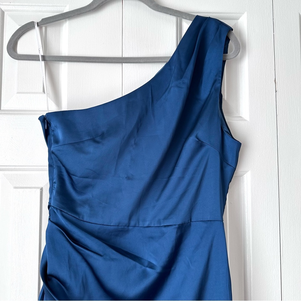 Lulu's Love Me Tonight Navy Blue Satin One-Shoulder Mini Dress Small - Picture 5 of 12